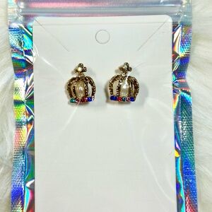 Elegant Gold Crown Earrings with Multicolor Gems